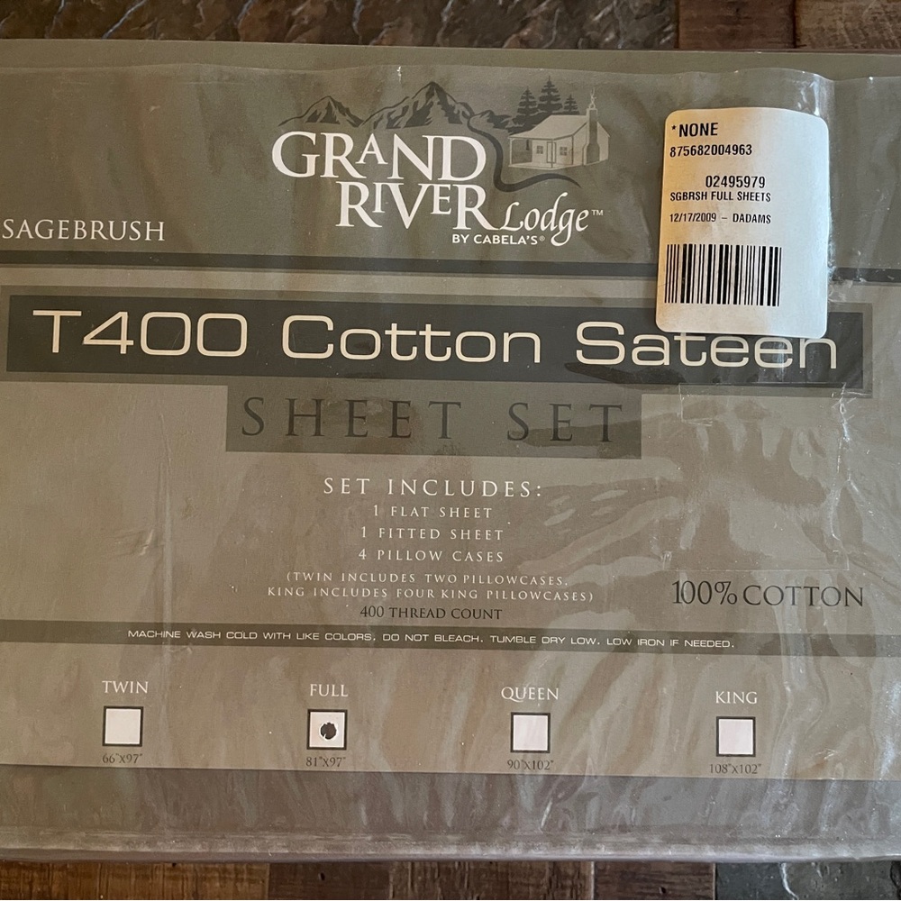 Cabela''s Grand River Lodge T400 100% Cotton Sheet Set Sagebrush Green FULL NOS